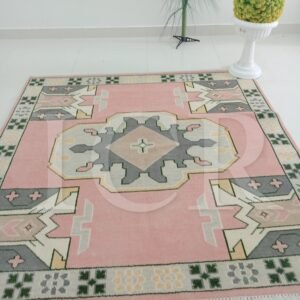 Dusty Pink & Sage Green Traditional Rug – Geometric Medallion Design with Blue & Cream Accents