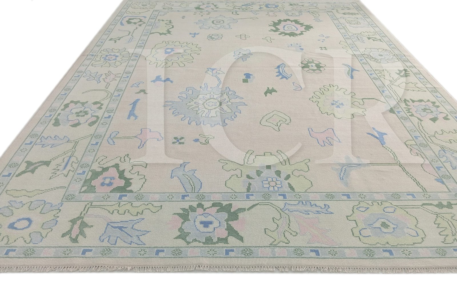 Cream & Sage Green Floral Rug – Vintage-Inspired Botanical Design with Blue & Pink Accents | Traditional Pastel Area Rug - Image 6