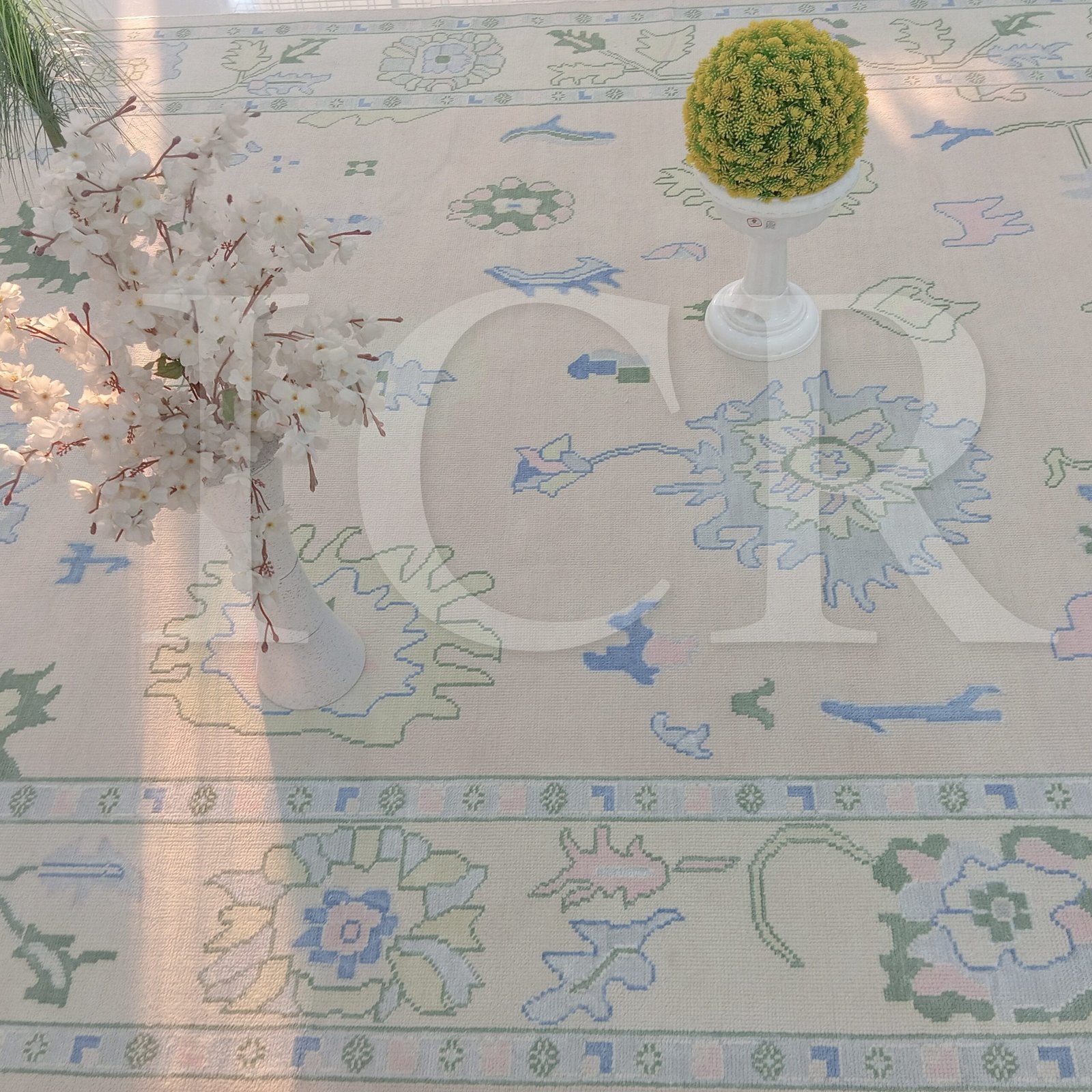 Cream & Sage Green Floral Rug – Vintage-Inspired Botanical Design with Blue & Pink Accents | Traditional Pastel Area Rug - Image 2